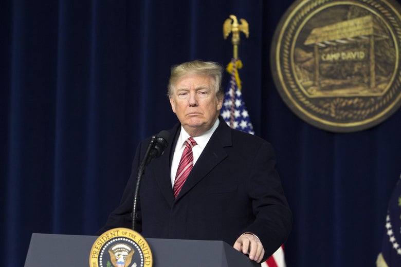 President Donald Trump speaks to the press after holding meetings at Camp David on January 6, 2018 in Thurmont, Maryland. President Trump met with staff, members of his Cabinet and Republican members of Congress to discuss the Republican legislative agenda for 2018.